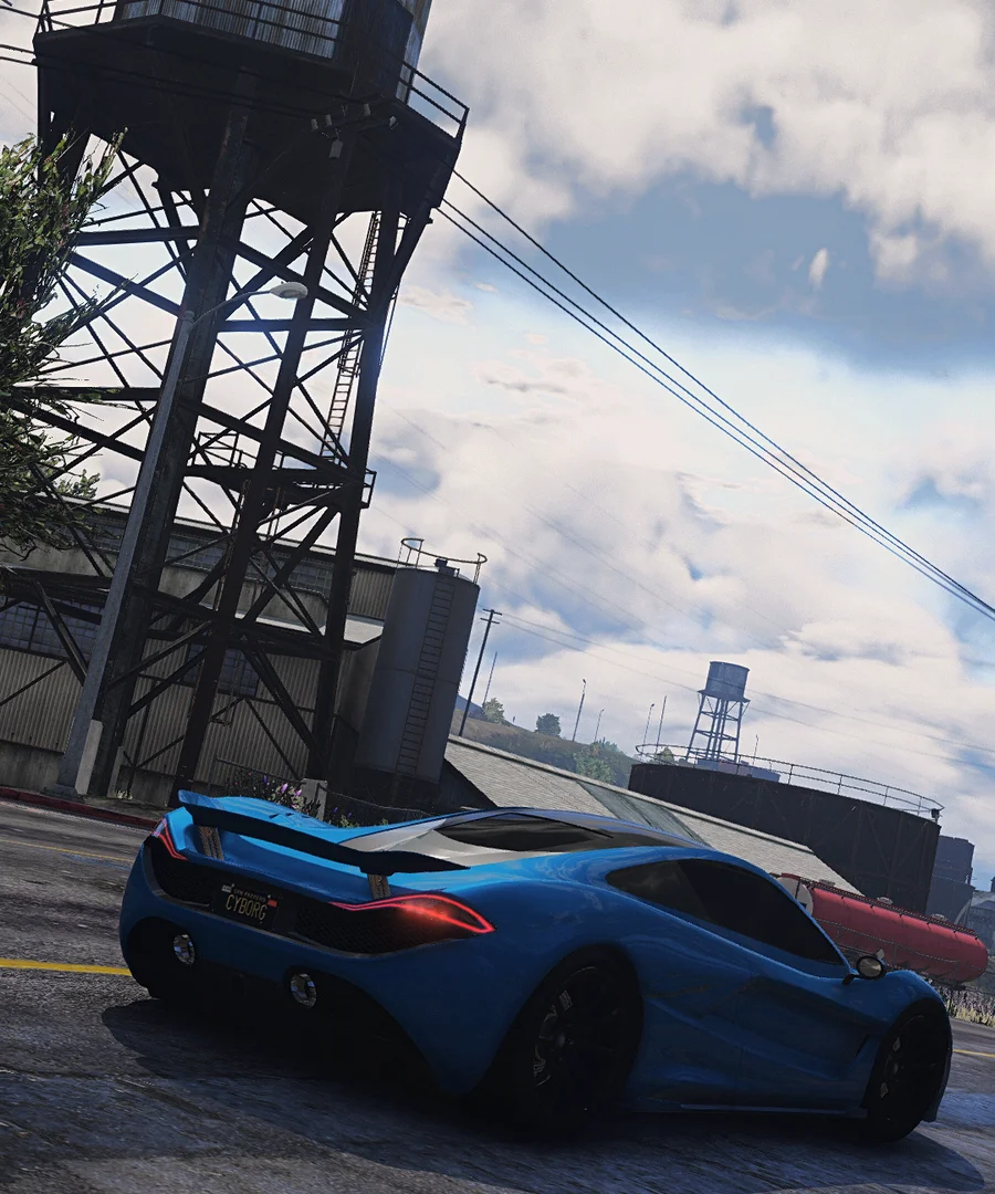 A sports car parked under a water tower in Los Santos, from the FiveM listing on FluxCloud